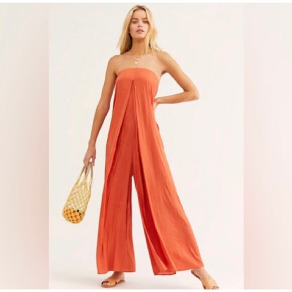 Free People Satin Sunset Orange Strapless Romper Boho Beachy Resortwear Medium - Picture 1 of 9